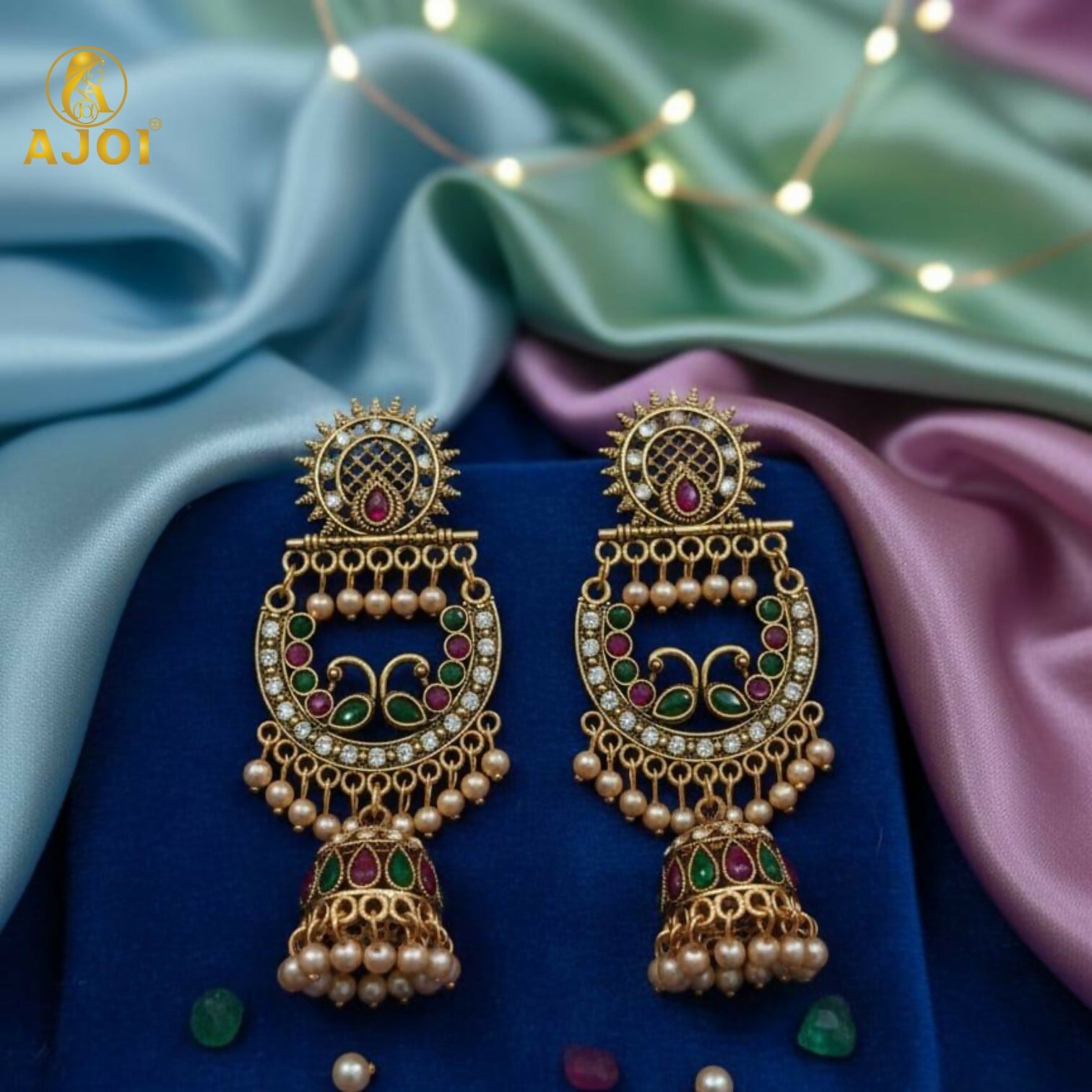 Peacock Motif Antique Gold Finish Chandbali Jhumka Earring