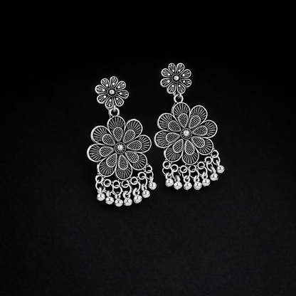Elegant Oxidised Silver Jhumka Earings With Layered Floral Design