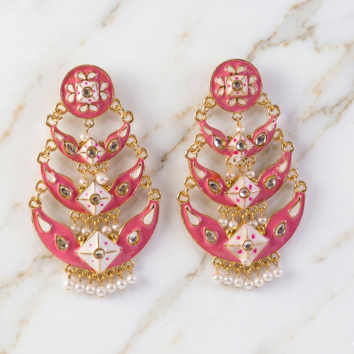 Pink chandbali earrings highlighting glossy meenakari enamel detail