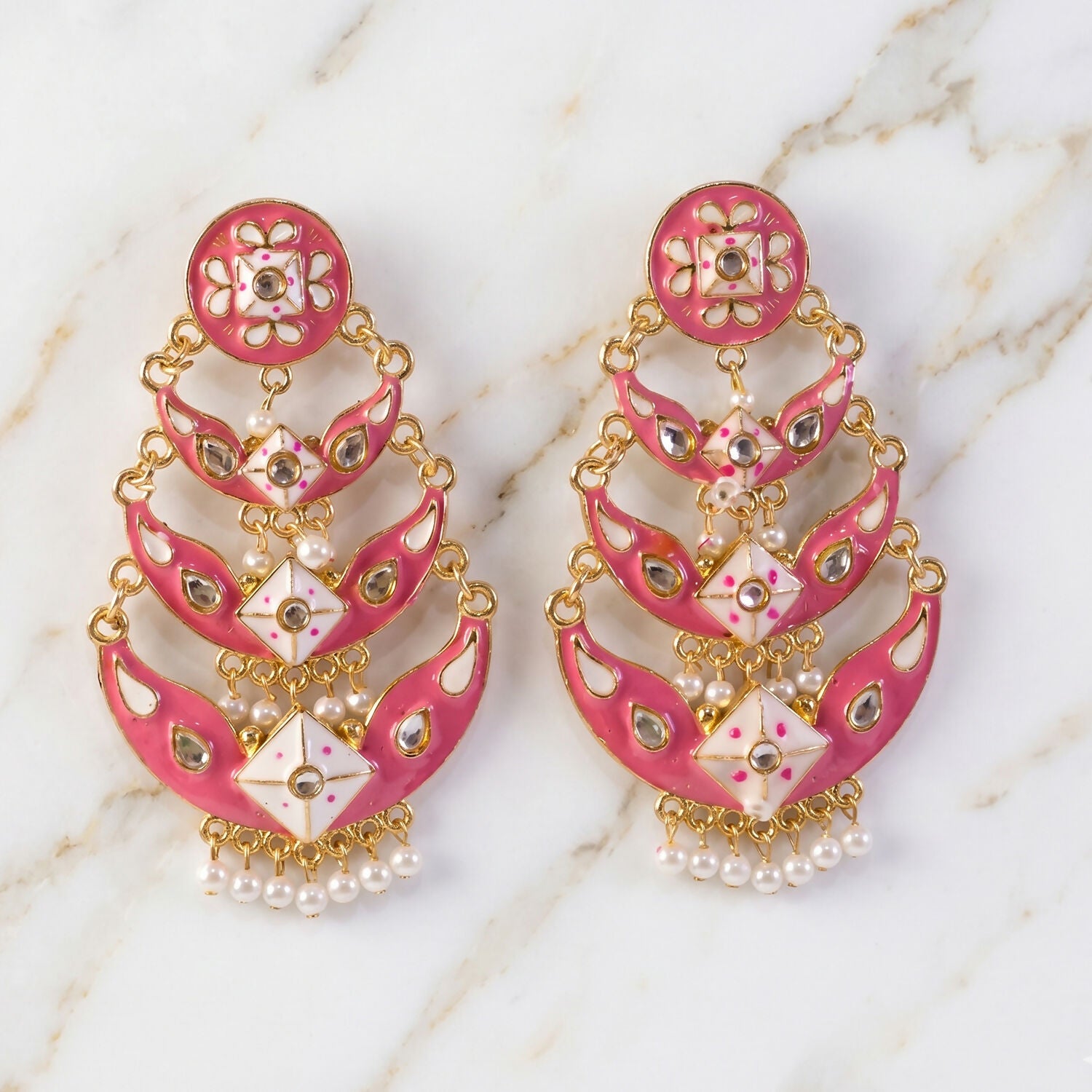 Pink chandbali earrings highlighting glossy meenakari enamel detail