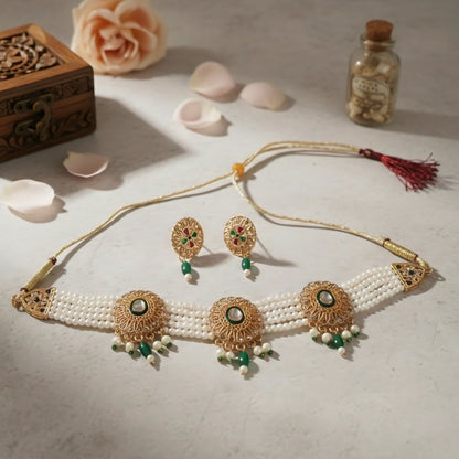 Traditional Gold-Plated Kundan Pearl Choker Necklace Set with Emerald Green Drops and Matching Earrings