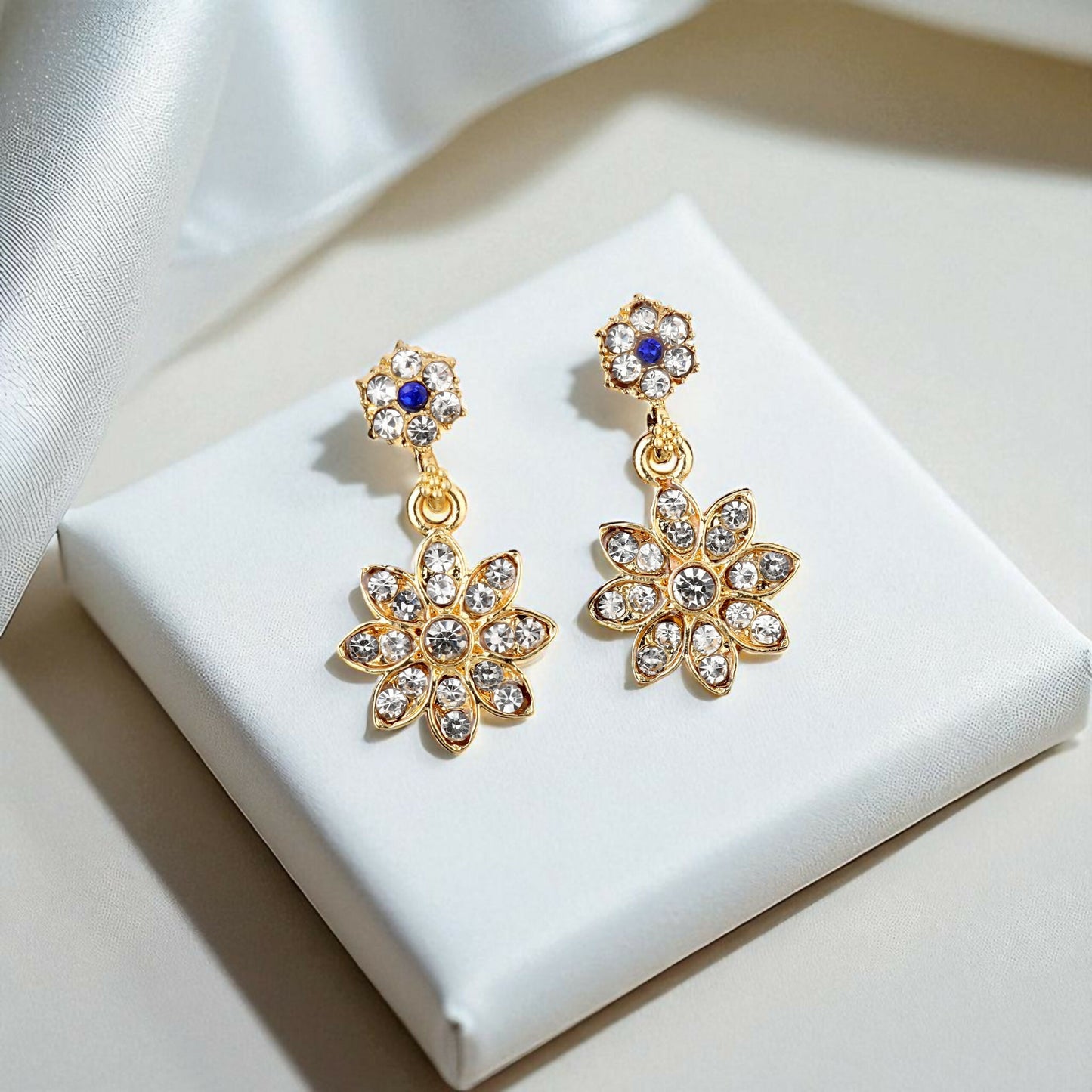 Diamond-Look Floral Choker Necklace Set with Blue Accents