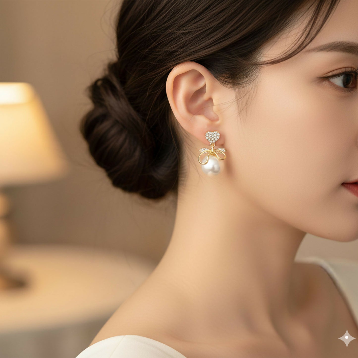Close-up of Heart Crystal and Pearl Bow Earrings