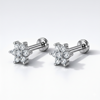 Pair of silver plated crystal flower flat back nosepin studs displayed side by side