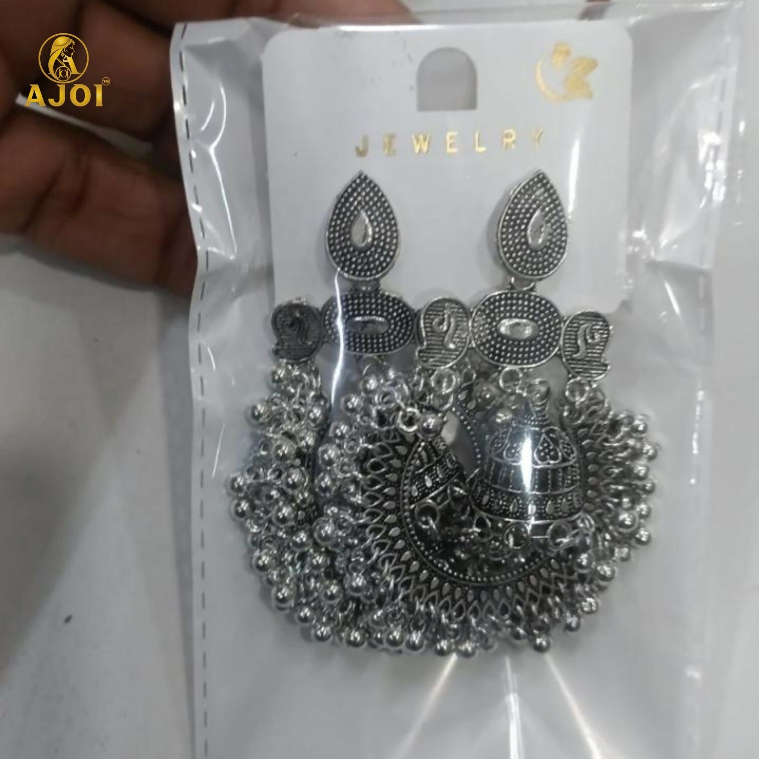 Antique Silver Oxidized Statement Chandbali Jhumka Earrings