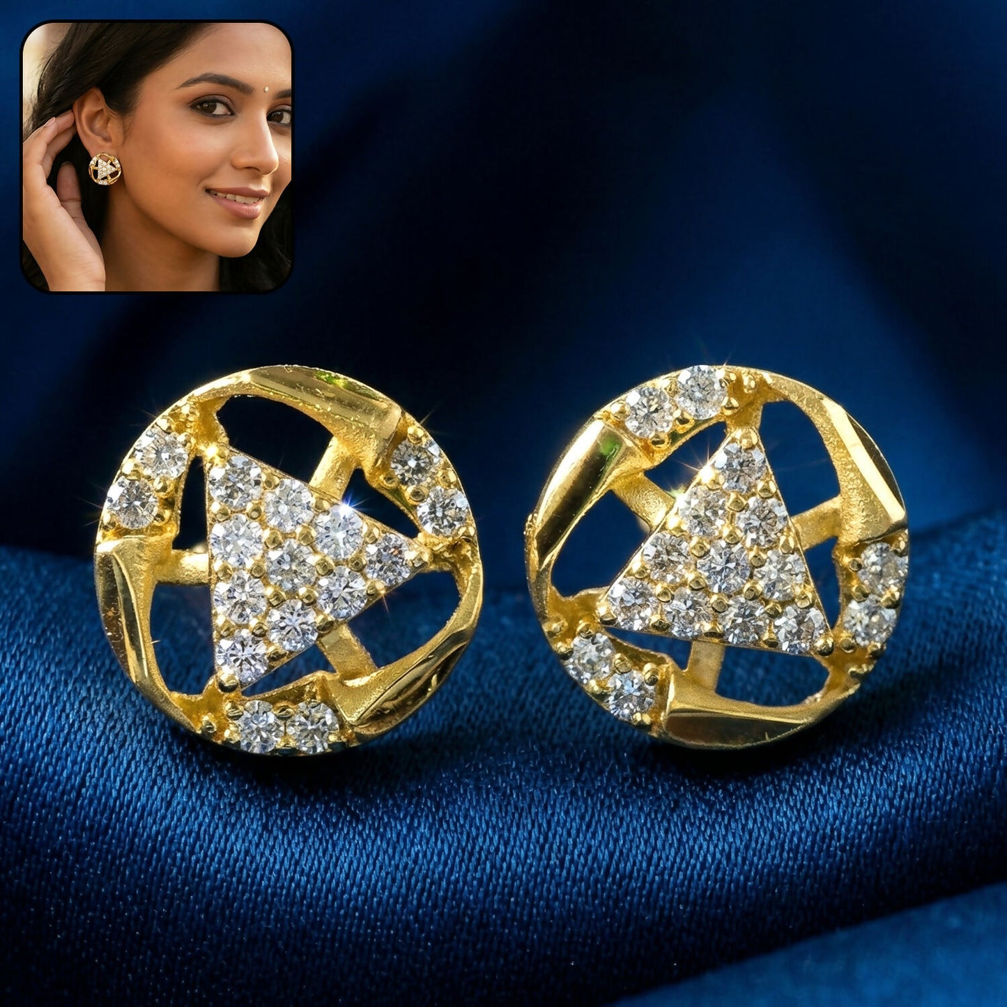 Gold bell shape stud earrings with sparkling stone accents perfect for daily wear