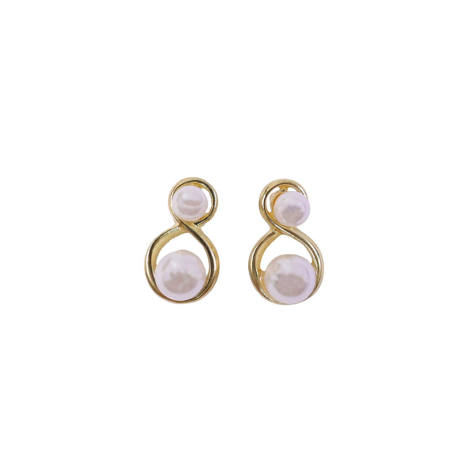 Gold-finished Korean pearl stud earrings displayed on stand