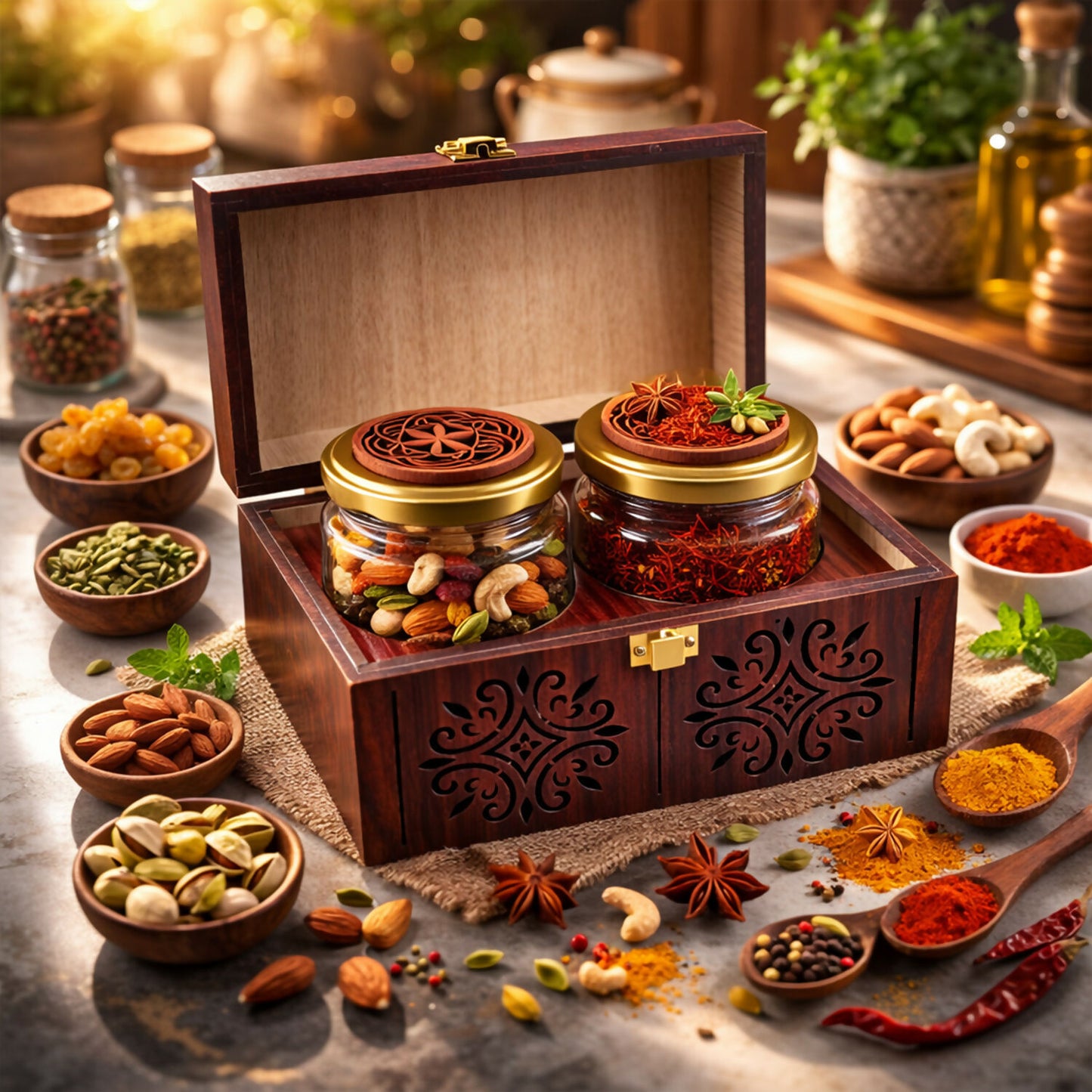Handcrafted wooden gift box with dual airtight glass jars, showcasing vintage carved patterns