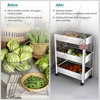 Stainless Steel 3-Tier Vegetable Storage Trolley Silver