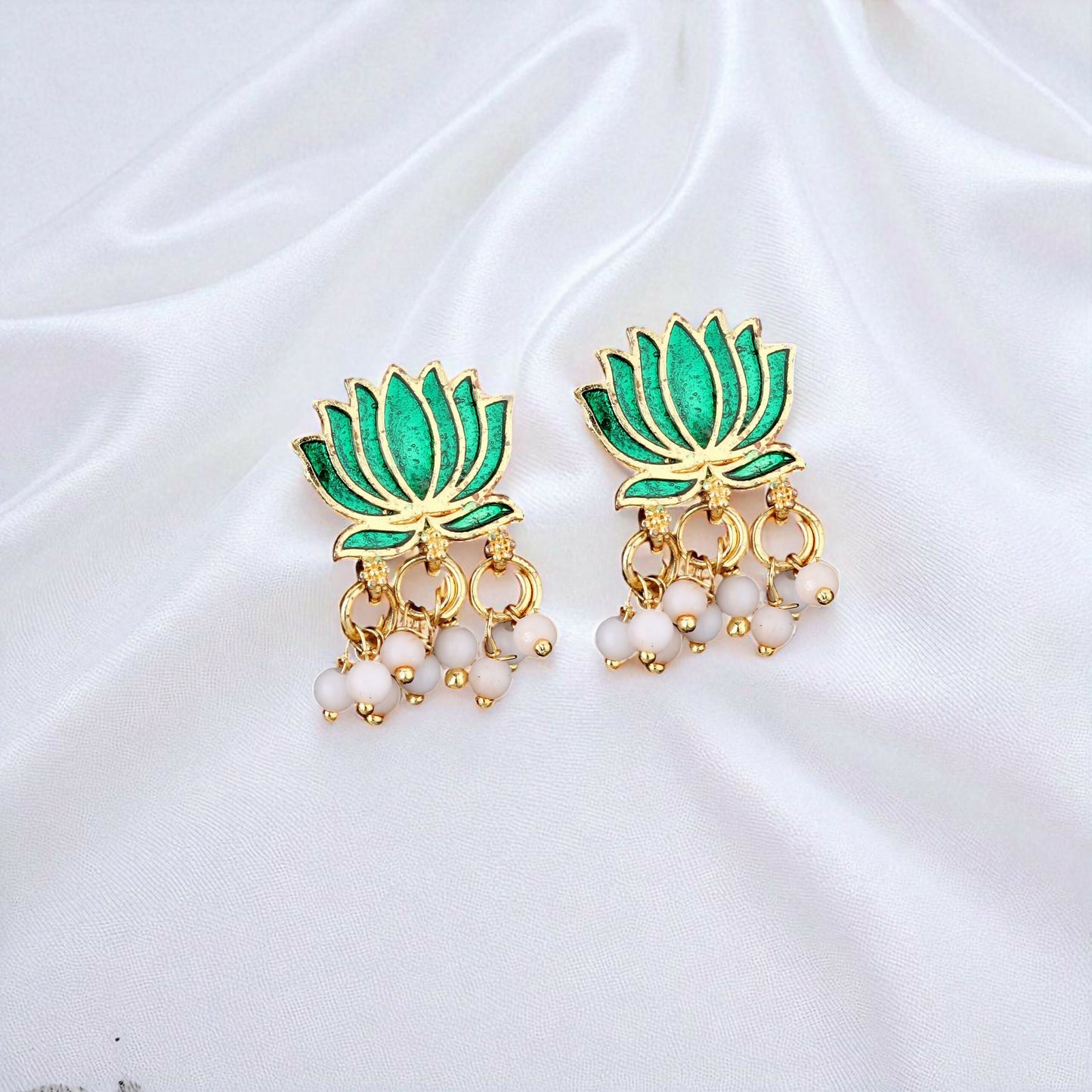 Gold Necklace with Green Lotus & White Beads Pendant for Women Stylish Jewelry