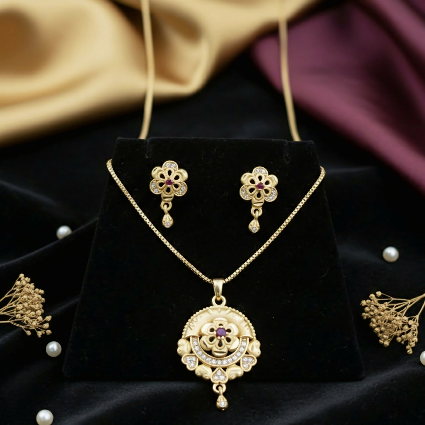 Royal Bloom Jewelry Set: Gold-Tone Floral Filigree Pendant & Matching Drop Earrings