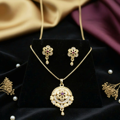 Royal Bloom Jewelry Set: Gold-Tone Floral Filigree Pendant & Matching Drop Earrings