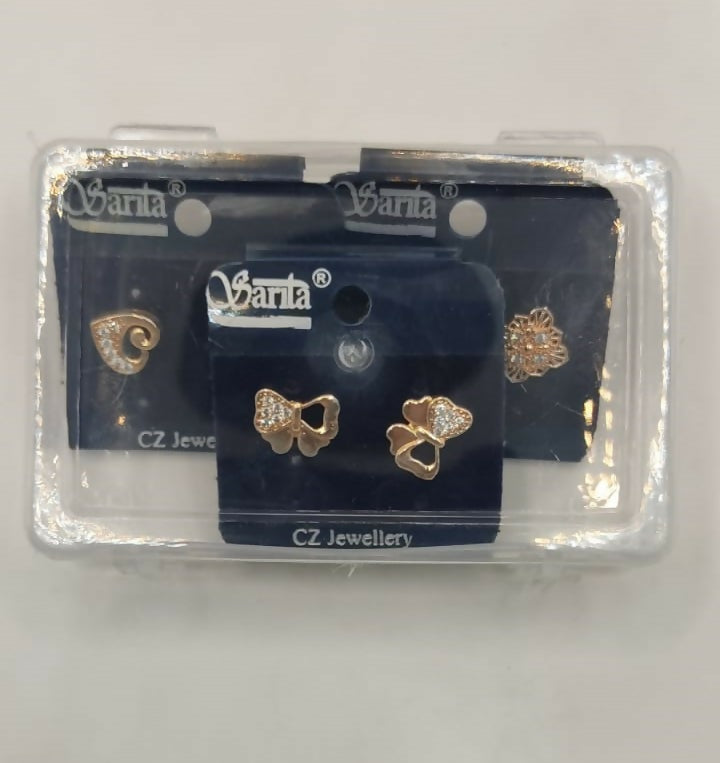 Rose Gold Plated AD Stud Earrings Set - Heart, Bow & Floral for women and girls Combo Pack of 3