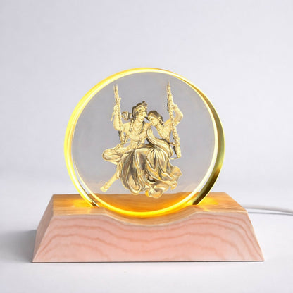 Radha Krishna Engraved Acrylic LED Night Lamp with Wooden Base for Home Decor