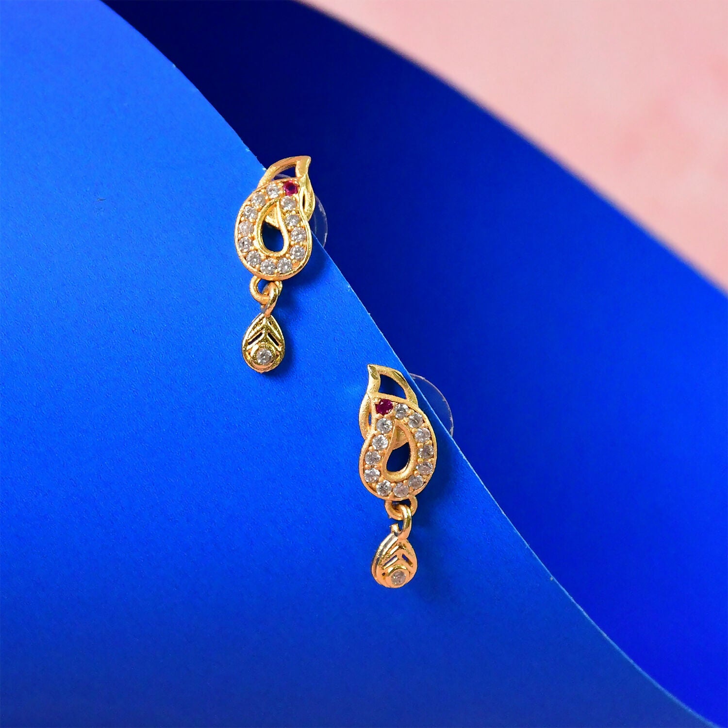 Traditional Gold Finish Paisley Earrings with Crystal & Ruby Touch