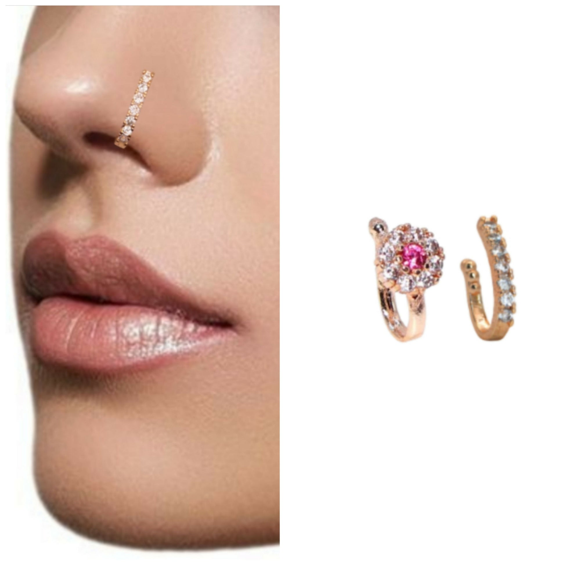 Gold Plated Diamond Look Side Nose Cuff Non-Pierced Combo Pack of 2