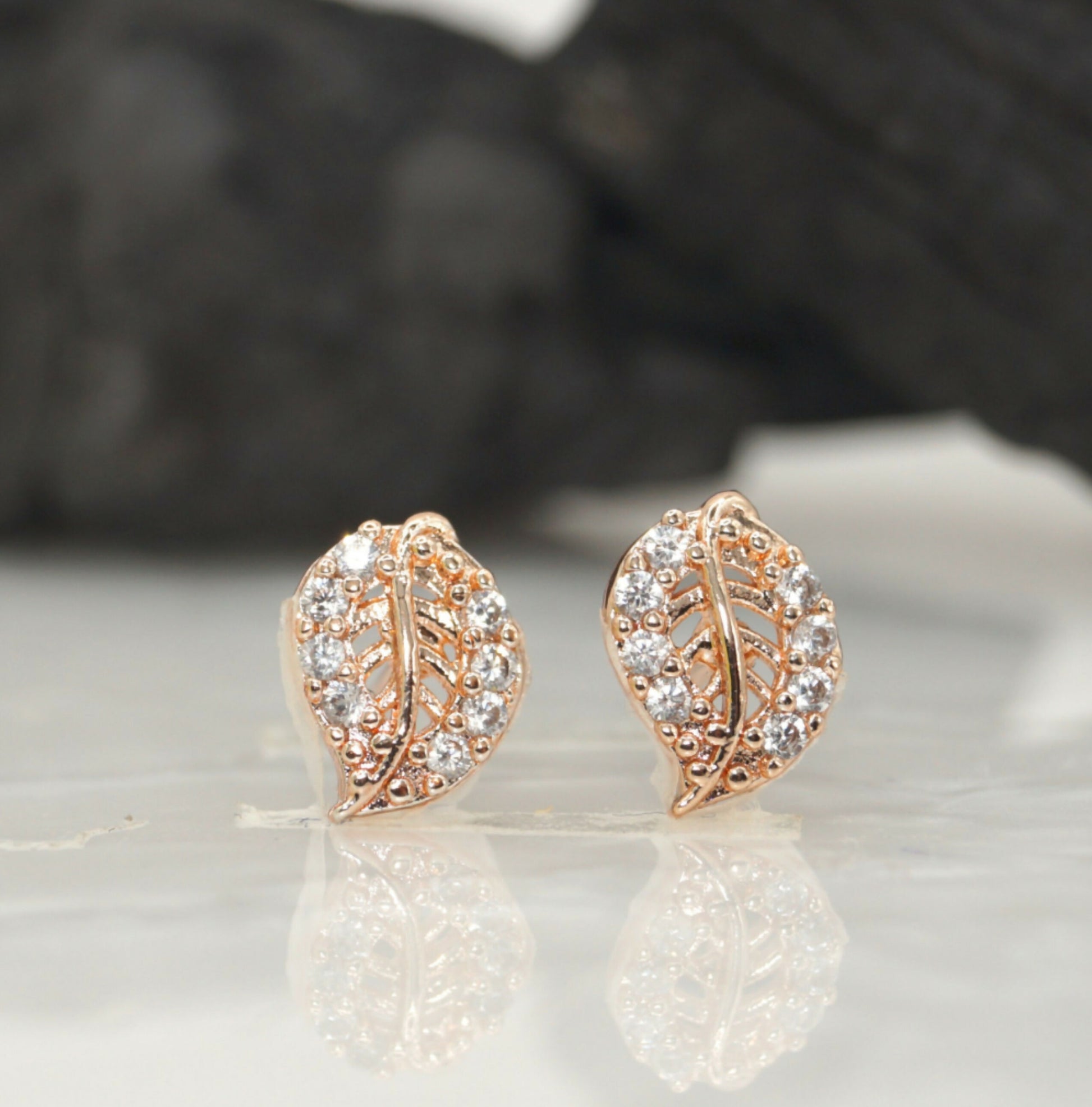 Rose Gold Leaf Stud Earrings with AD for women and girls