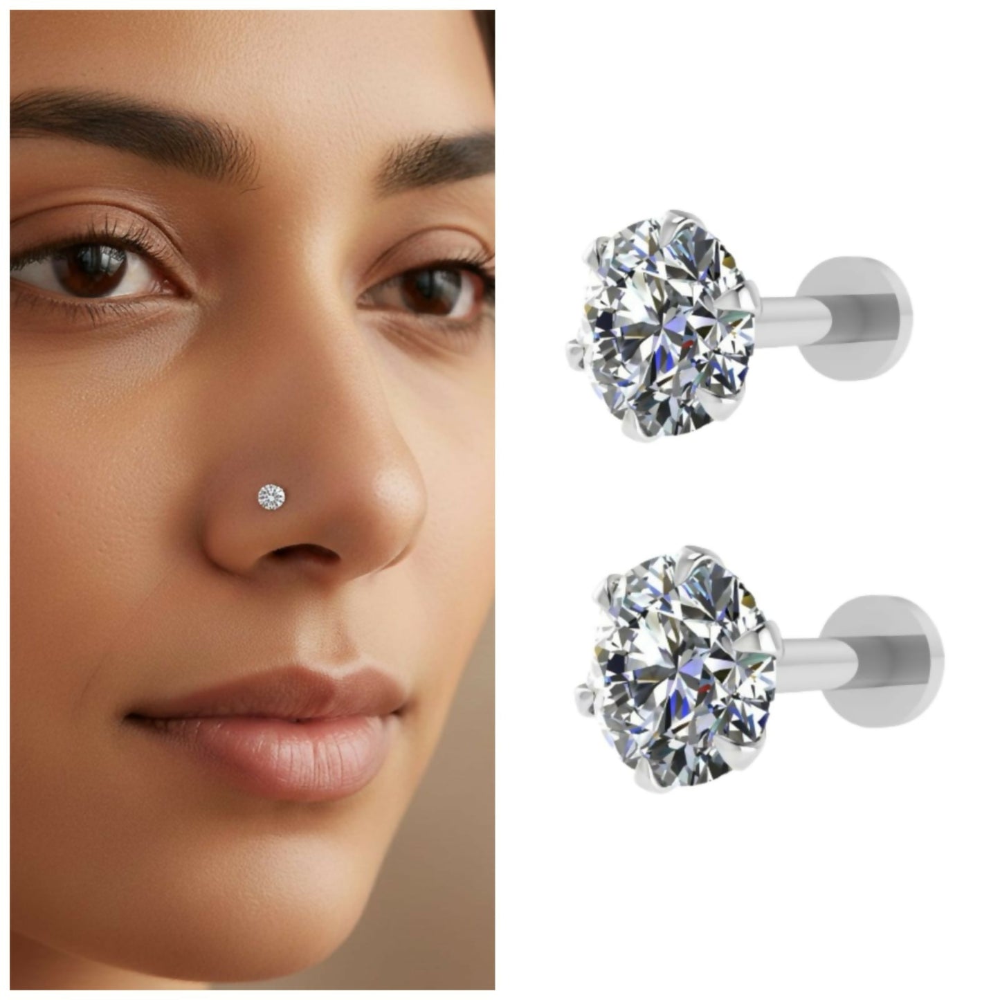 Flat back silver nosepin stud with round-cut sparkling stone for women
