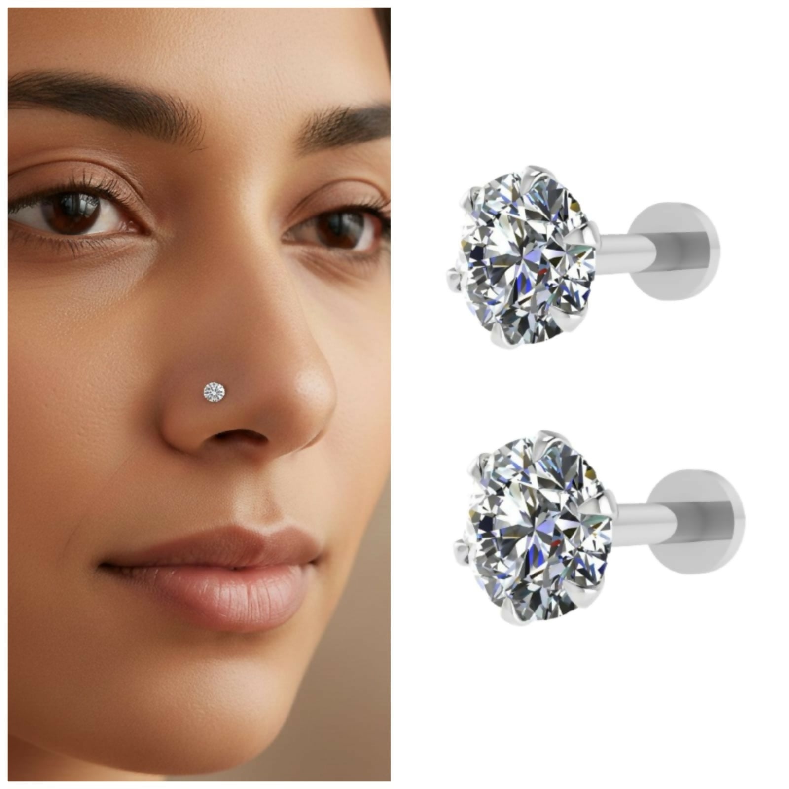 Flat back silver nosepin stud with round-cut sparkling stone for women