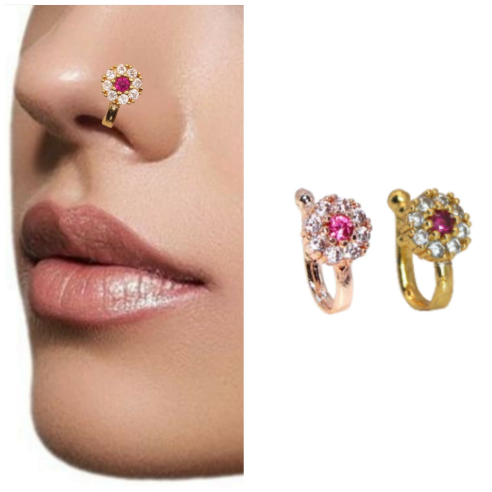 Non-Piercing Floral Nose Ring/Nath Set Rose Gold Pink Stone Combo Pack of 2