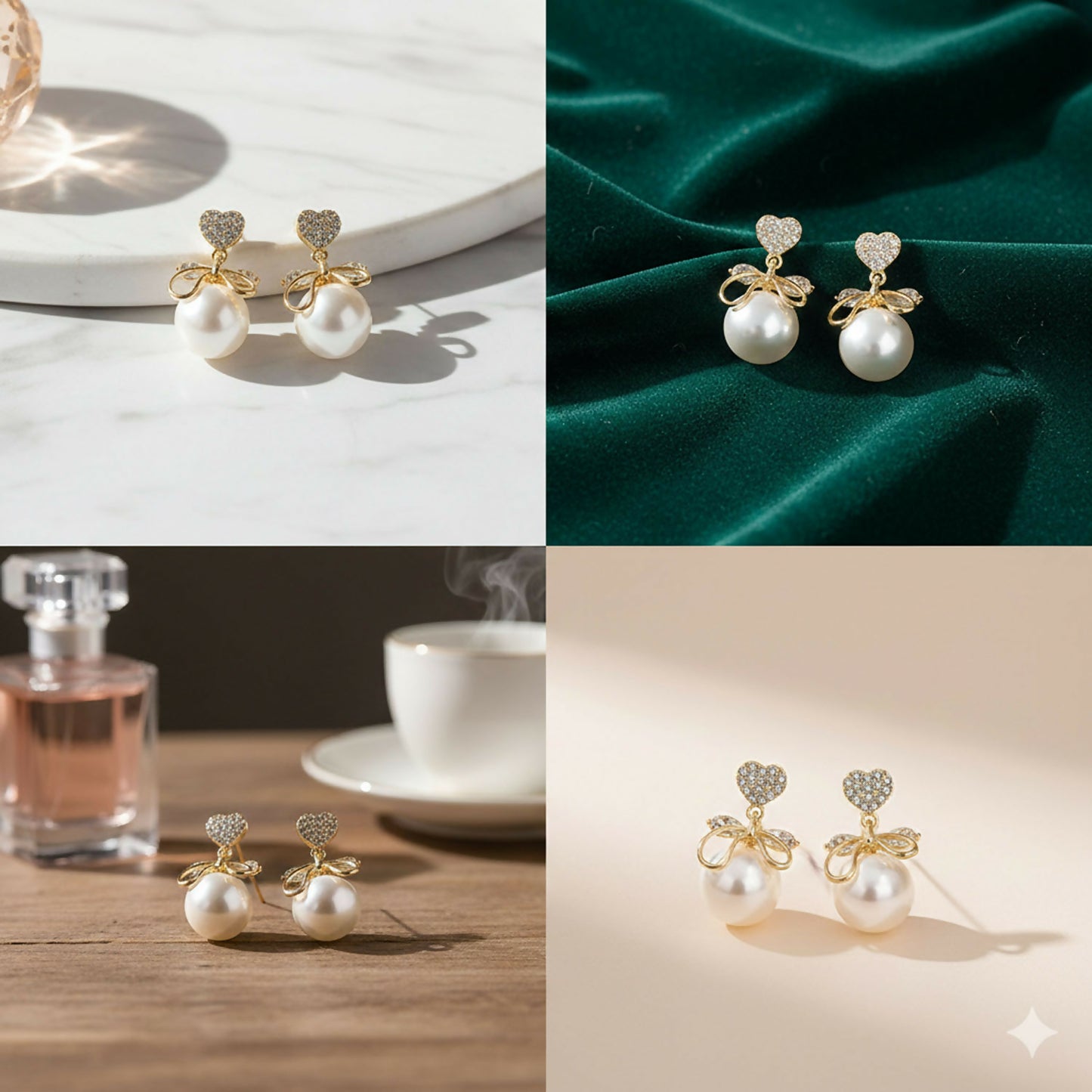 Romantic Heart Crystal and Pearl Bow Earrings elegant display