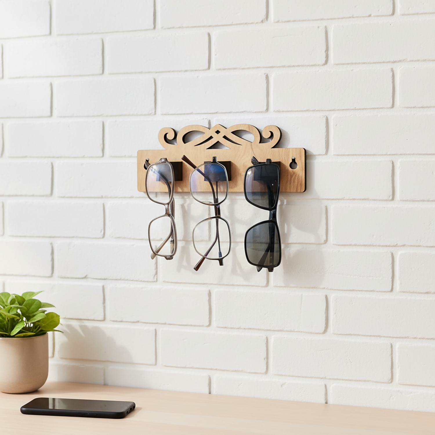 Wooden Sunglasses & Eyeglasses Holder Wall Mounted | Leather Glass Holder for Home & Office Décor