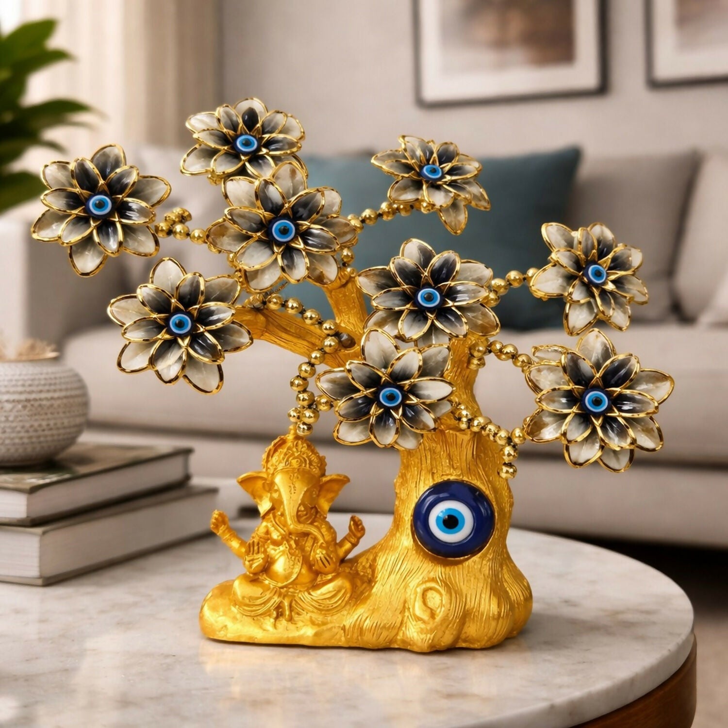 Golden Ganesh Tree with Evil Eye | Decorative Showpiece for Home & Office
