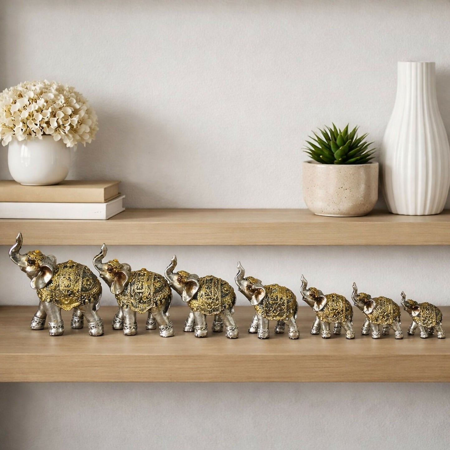 Silver Elephant Showpiece Set with Gold Detailing for Home Décor & Gifts