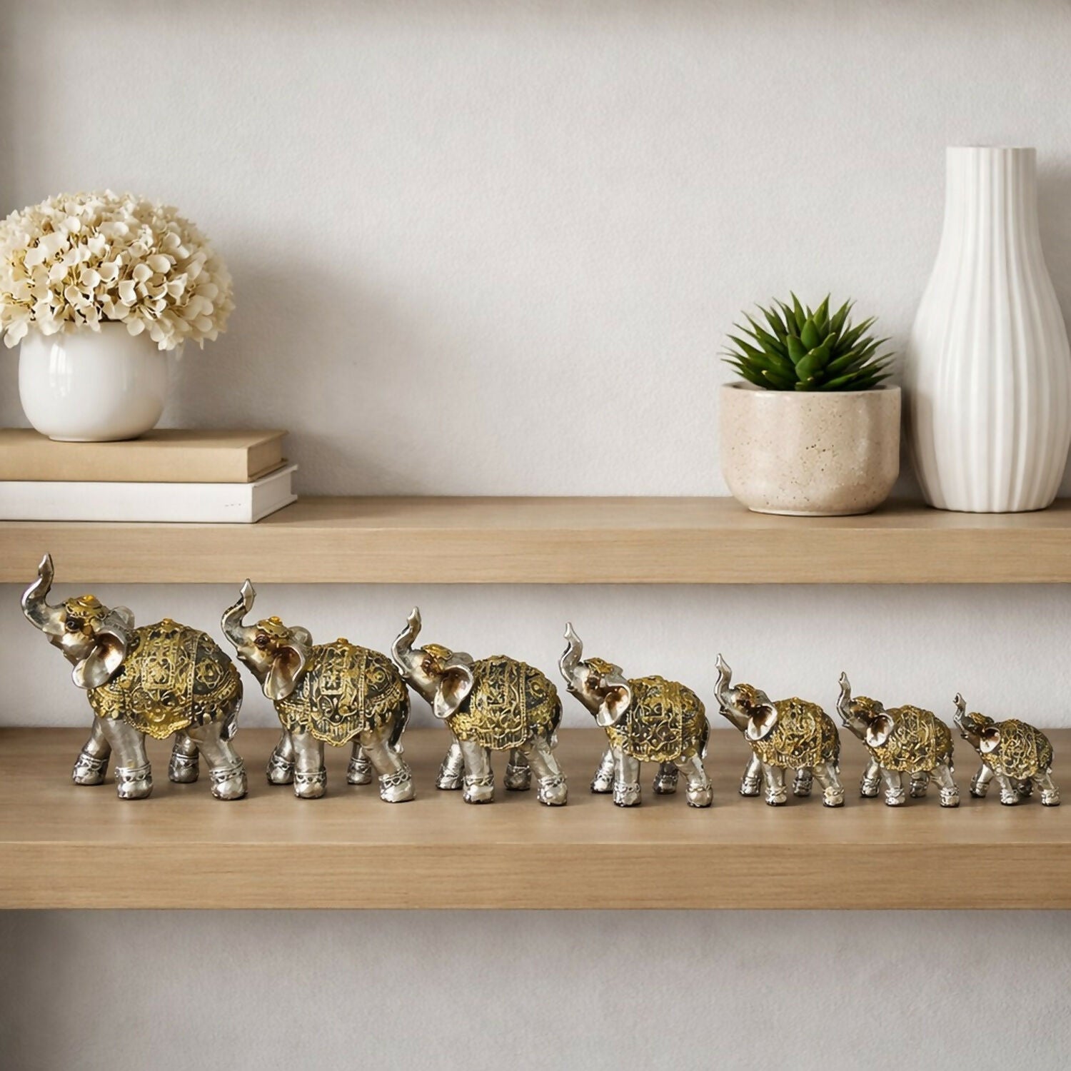 Silver Elephant Showpiece Set with Gold Detailing for Home Décor & Gifts