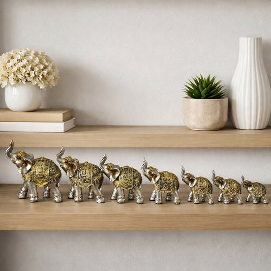Silver Elephant Showpiece Set with Gold Detailing for Home Décor & Gifts