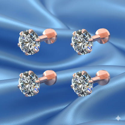 Close-up of rose gold plated flat back diamond stud earrings for women
