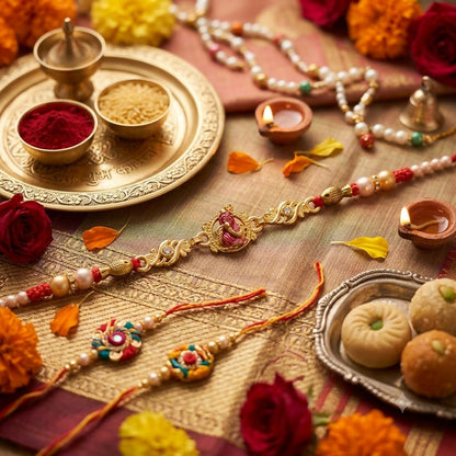 Three colorful Rakhis, including a gold and pink Lord Krishna design, are displayed on a patterned cloth with sweets,
