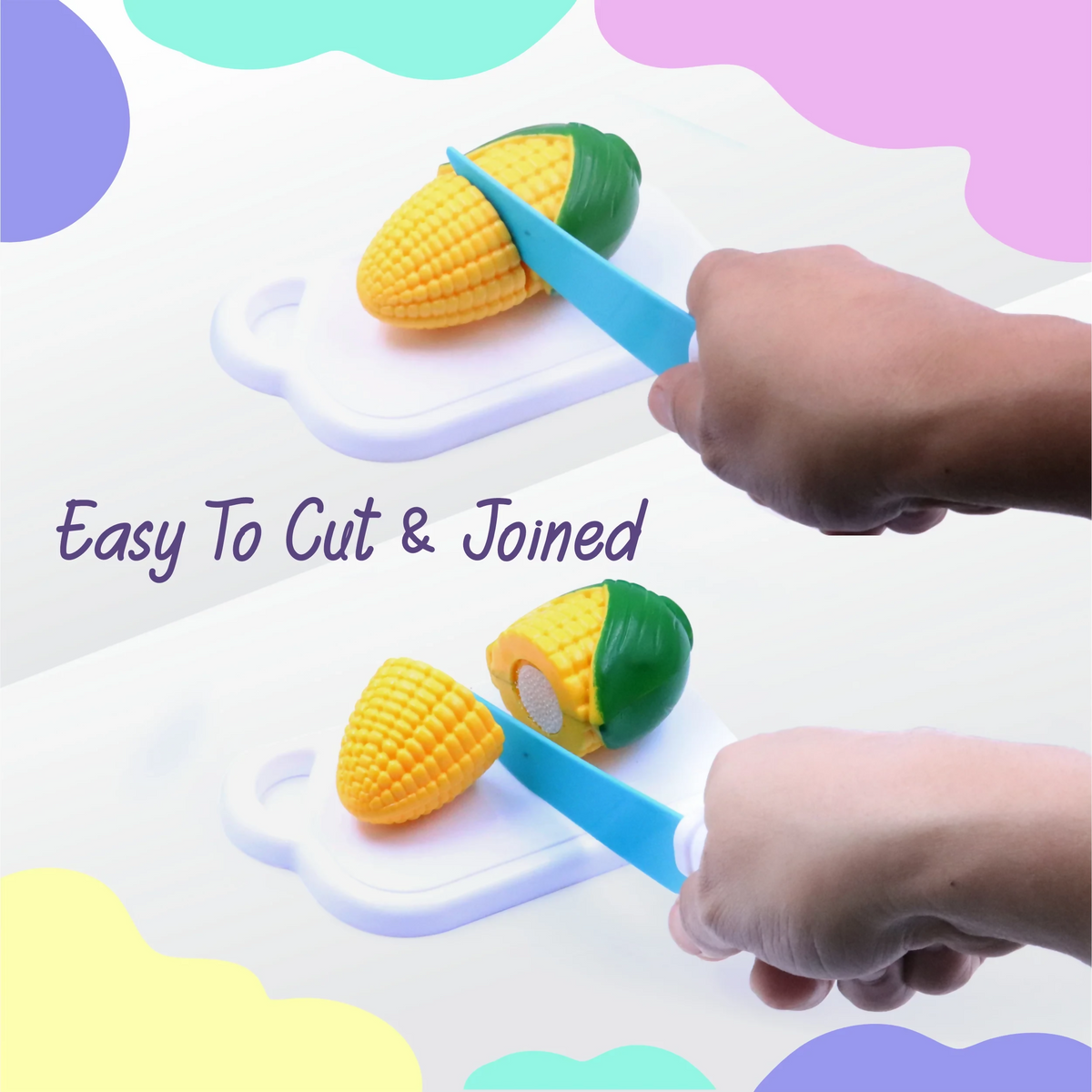 Two hands demonstrate cutting a yellow plastic corn toy with a blue knife on a white cutting board.