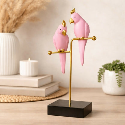 Pink Love Birds Decorative poly-resin Showpiece with Gold Stand for Home Décor