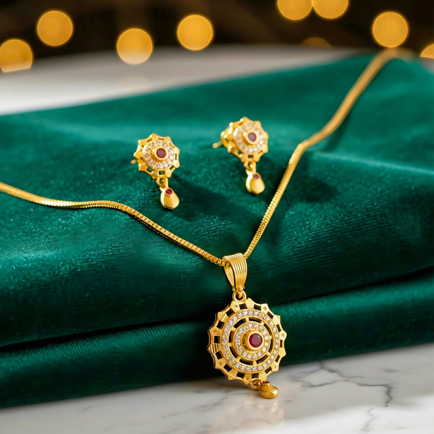 Micro Gold-Plated Ruby and White Stone Pendant Set With Matching Earrings