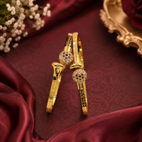Golden-Plated CZ & Ruby-Colored Stone Dome Openable Kadli Bangle Pair