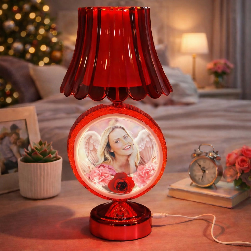 Red round photo table lamp with soft illuminated display