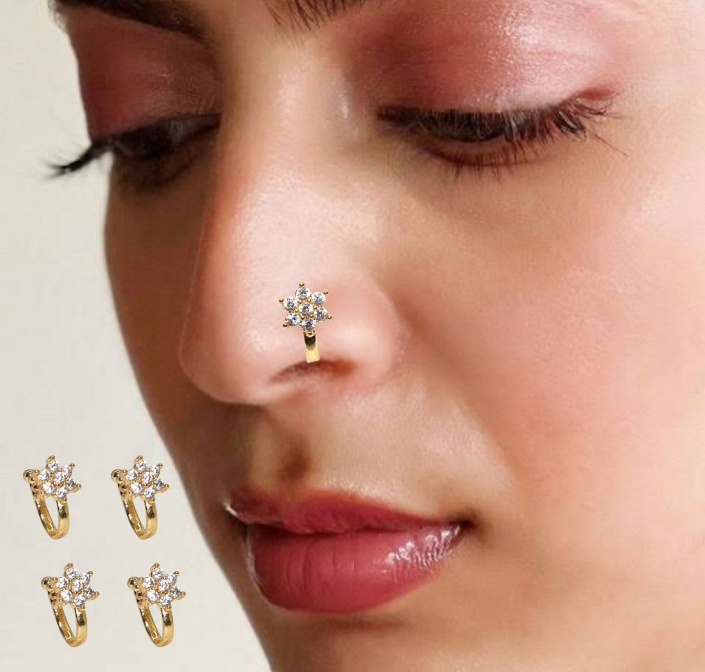 Rose Gold Clear CZ Floral Cluster Non-Pierced Clip-On Nose Pin Combo Pack of 4
