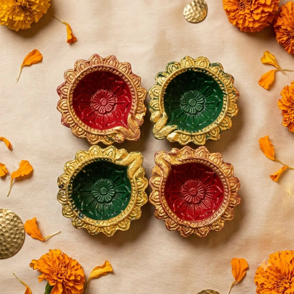 Four colorful clay diyas with gold painted scalloped edges and floral patterns on a light brown surface.