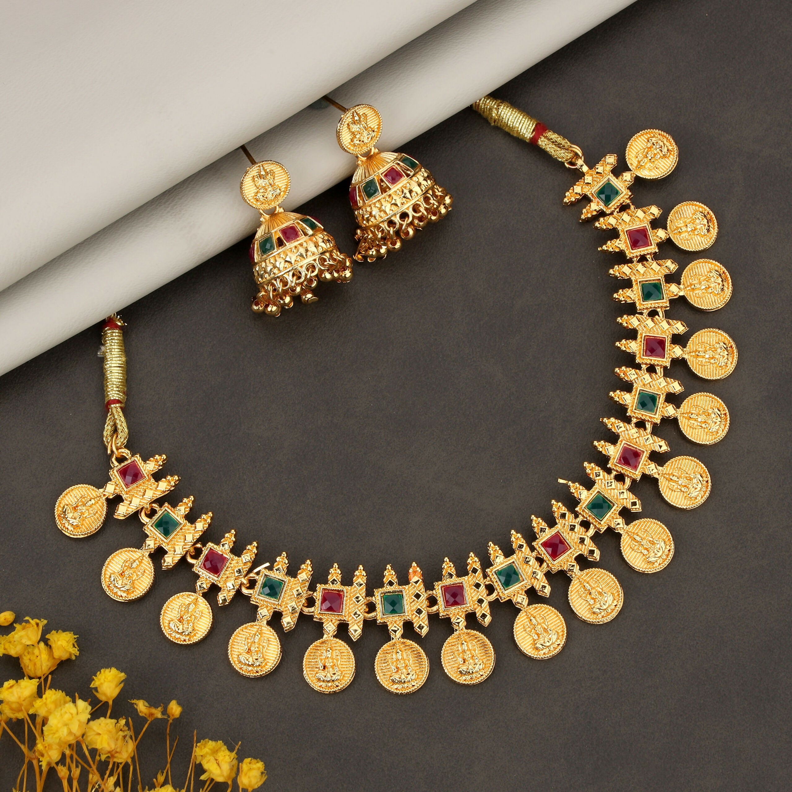 Shield Choker Necklace – Traditional Gold-Tone with Green & Ruby Stones