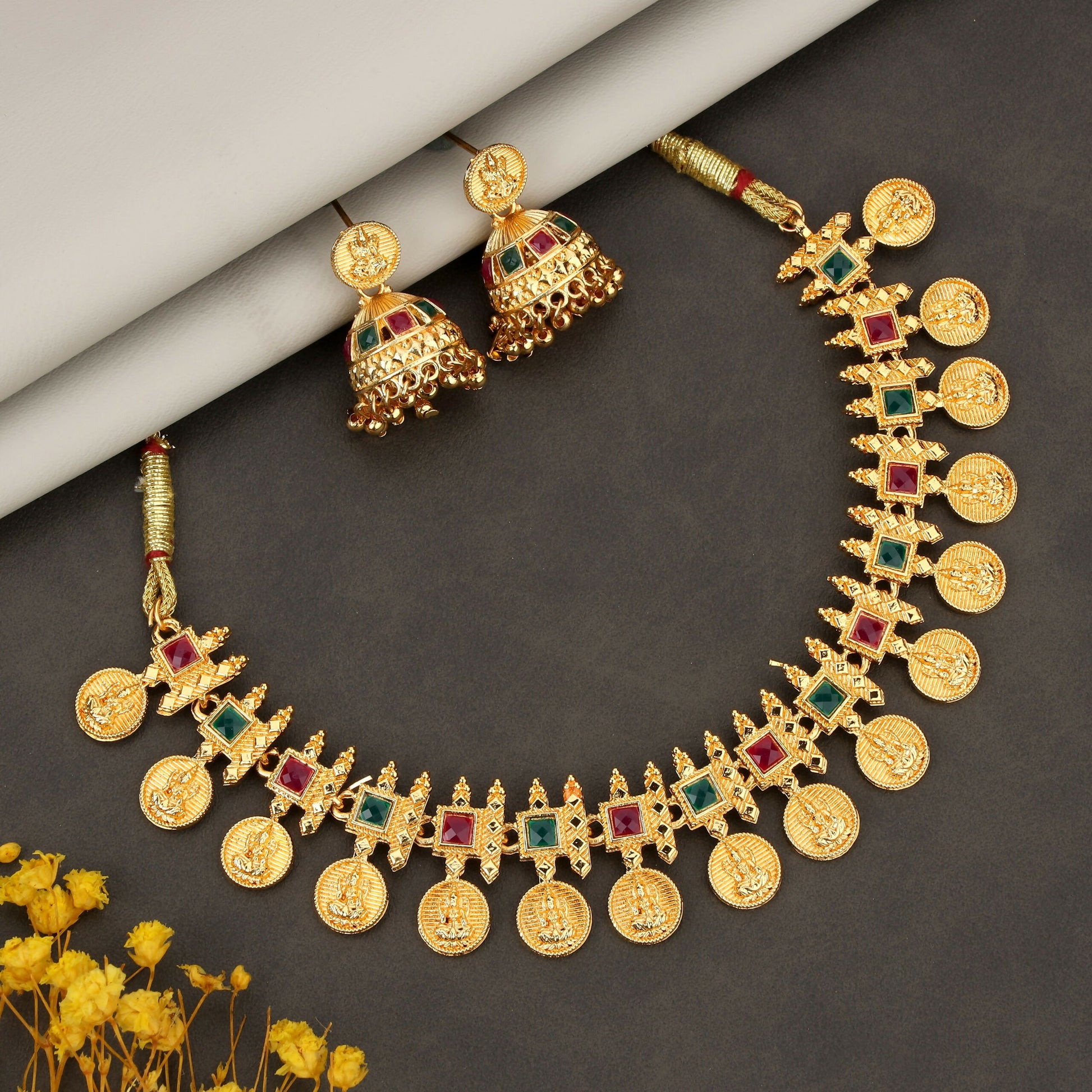 Gold-Tone Traditional Green & Ruby Shield Choker
