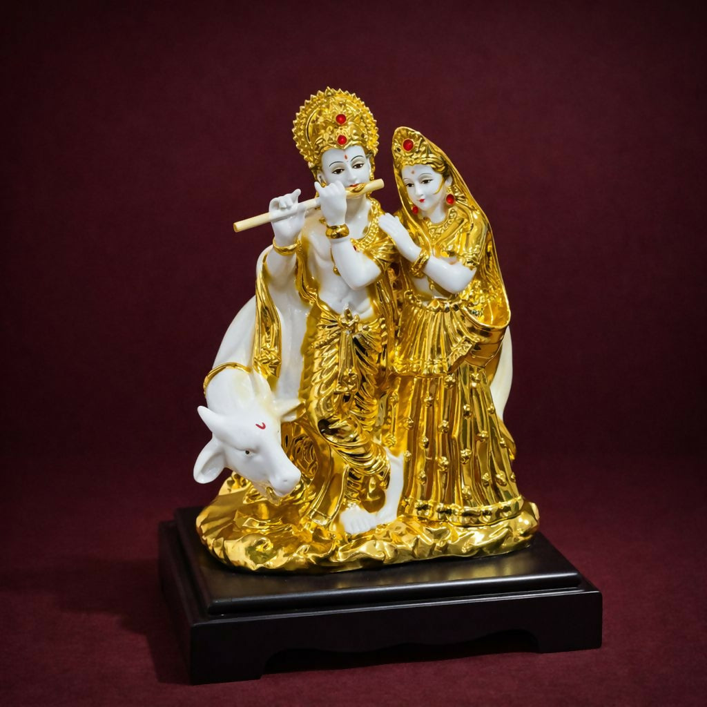 Radha Krishna with Cow Idol White and Golden Finish Statue for Home Temple Decor