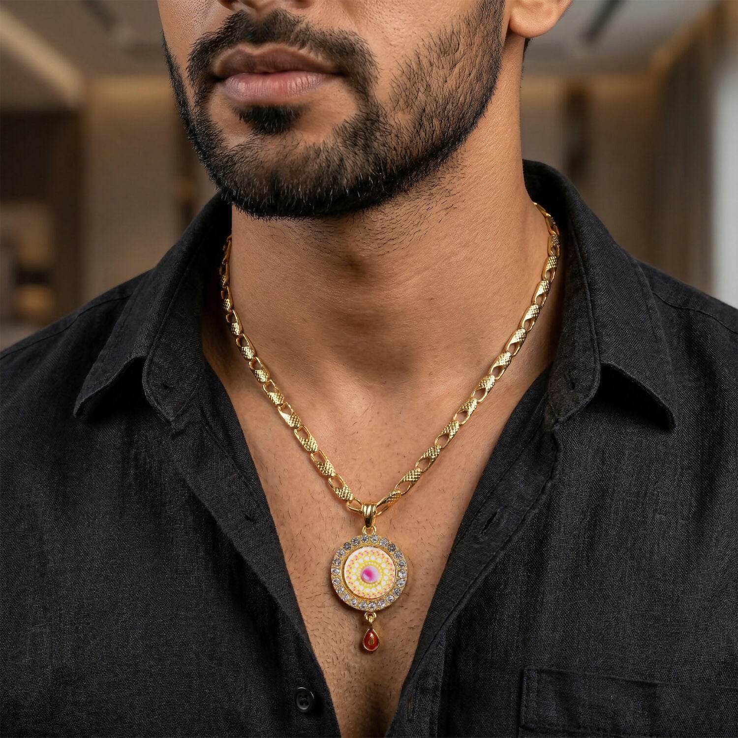 Gold Plated Pendant Necklace with Stone Studded Design