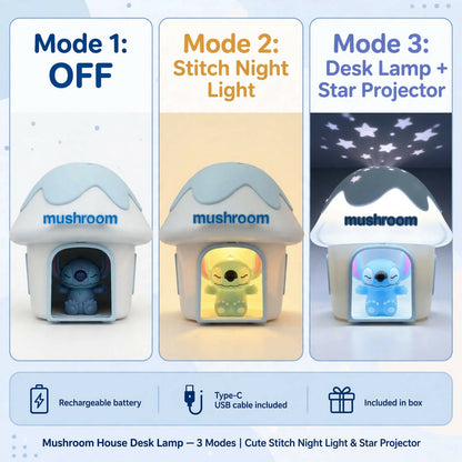 A three-panel graphic illustrating the mushroom house night light in off, night light, and star projector modes.