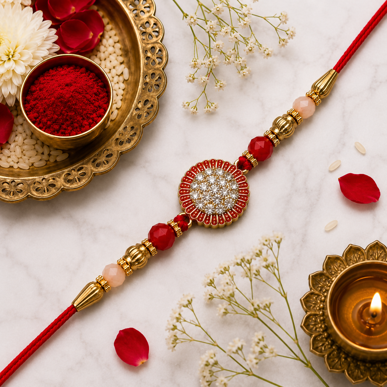 A red and gold bracelet with a crystal-studded medallion is displayed on a white marble surface, with scattered flower