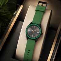 Green Strap Analog Wrist Watch with Black Dial and Sporty Bezel Design for Men