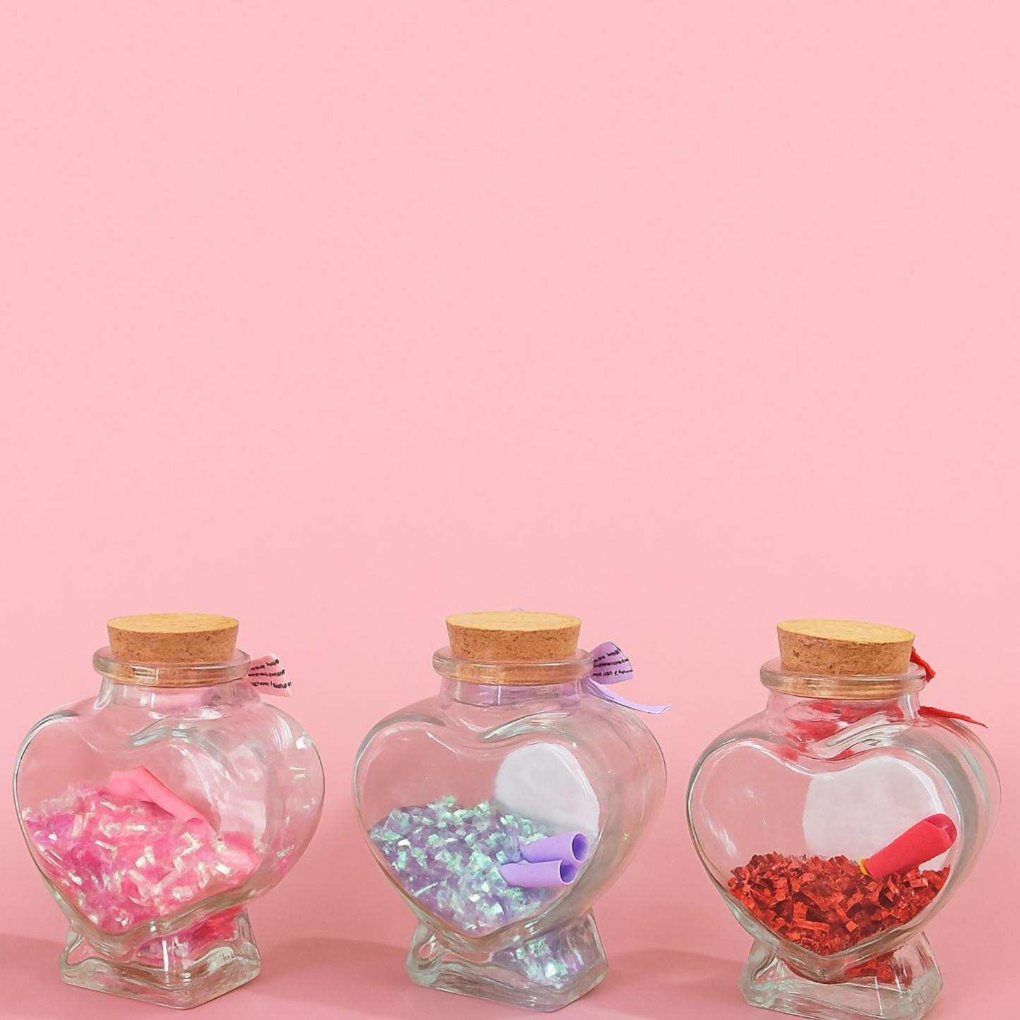 Heart Shaped Love Message Glass Bottles with Cork Lid – Set of 3 (Red, Pink & Blue) | Glitter Filled Decorative Bottles with Mini Scroll Notes | Romantic Gift Jars for Valentine’s Day, Anniversary, Birthday & Home Decor
