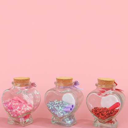 Heart Shaped Love Message Glass Bottles with Cork Lid – Set of 3 (Red, Pink & Blue) | Glitter Filled Decorative Bottles with Mini Scroll Notes | Romantic Gift Jars for Valentine’s Day, Anniversary, Birthday & Home Decor