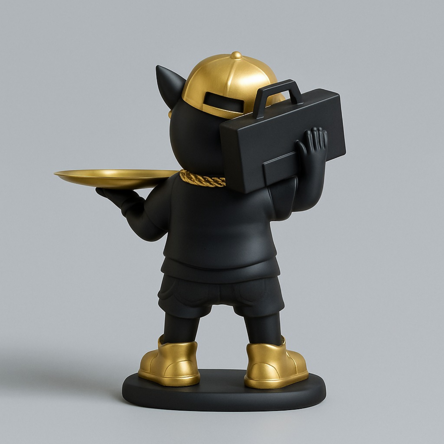 Luxury Black & Gold Bulldog Butler Figurine with Tray – Funky Resin Dog Showpiece with Sunglasses, Chain & Boombox – Modern Home Décor Tray Stand for Keys, Coins & Snacks – Stylish Gift Item for Living Room & Office