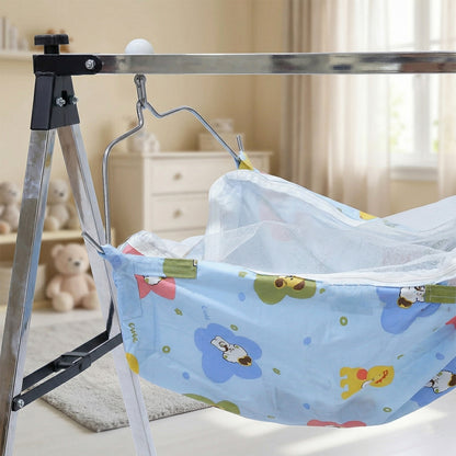Close-up of soft fabric baby hammock cradle with colorful support